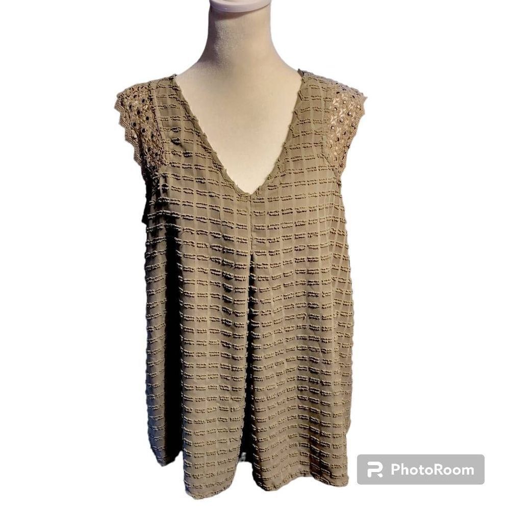 Knox Rose Womens Green Sleeveless Crochet V-Neck Tunic Blouse Sz Medium